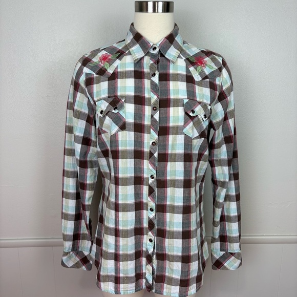 Shyanne Cotton Western Snap Front Brown Plaid Shirt Sz L Floral Embroidery Rodeo - Picture 3 of 17